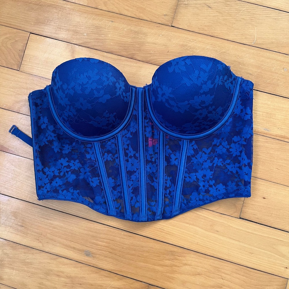 La Senza Royal Blue Lace Corset Bustier Top Medium Underwire Padded Sweetheart